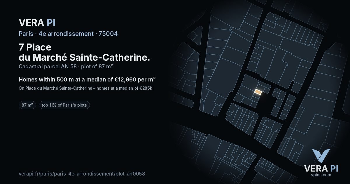 7 Place du Marché Sainte-Catherine, 4e arrondissement at night – the plot lit, the parcels around coloured by the prices near them