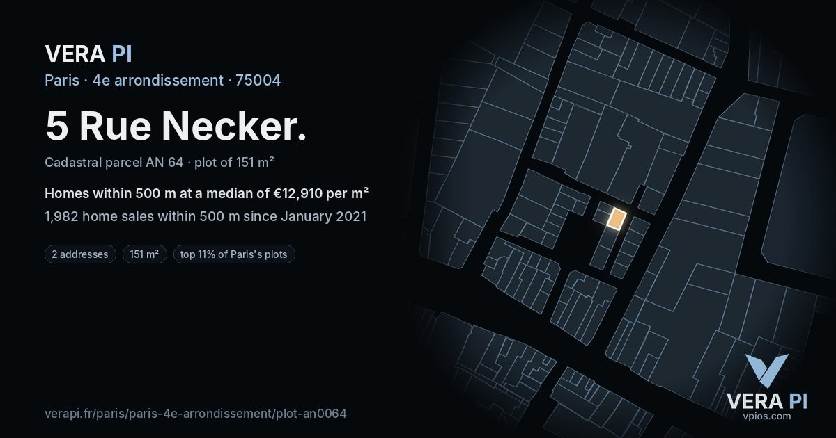 5 Rue Necker, 4e arrondissement at night – the plot lit, the parcels around coloured by the prices near them