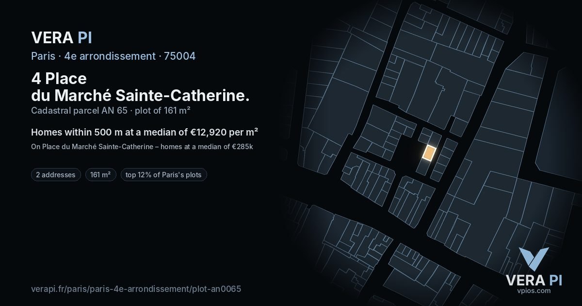 4 Place du Marché Sainte-Catherine, 4e arrondissement at night – the plot lit, the parcels around coloured by the prices near them