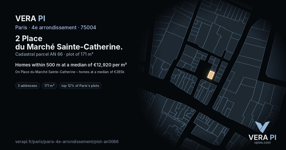 2 Place du Marché Sainte-Catherine, 4e arrondissement at night – the plot lit, the parcels around coloured by the prices near them