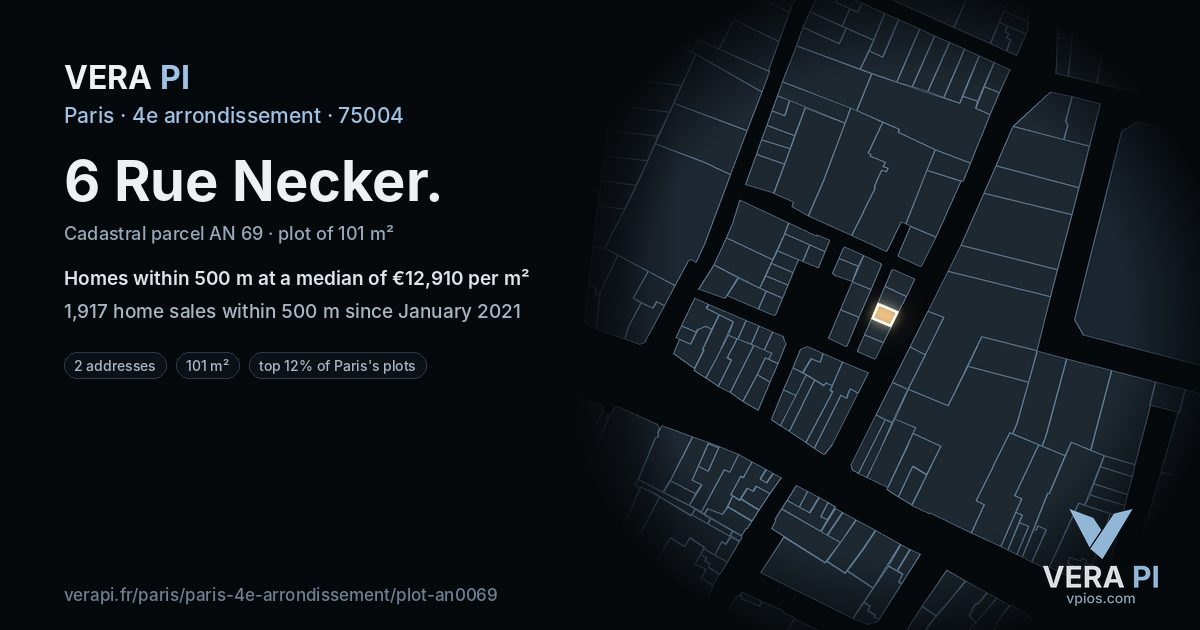 6 Rue Necker, 4e arrondissement at night – the plot lit, the parcels around coloured by the prices near them