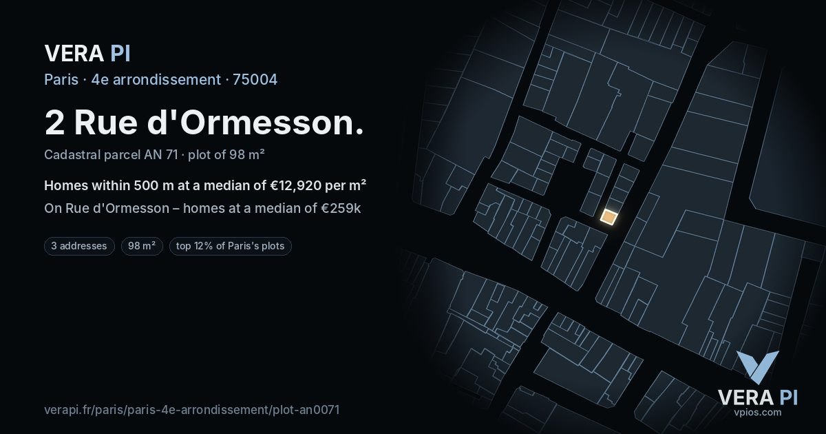 2 Rue d'Ormesson, 4e arrondissement at night – the plot lit, the parcels around coloured by the prices near them