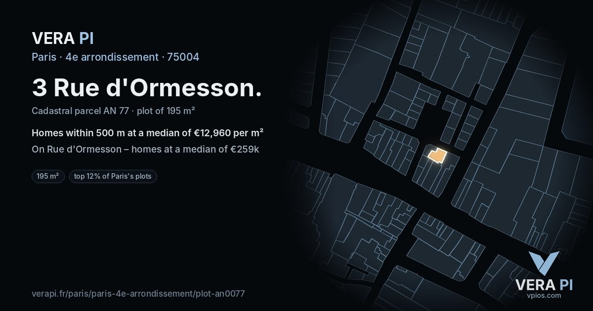 3 Rue d'Ormesson, 4e arrondissement at night – the plot lit, the parcels around coloured by the prices near them