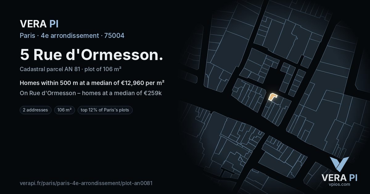 5 Rue d'Ormesson, 4e arrondissement at night – the plot lit, the parcels around coloured by the prices near them