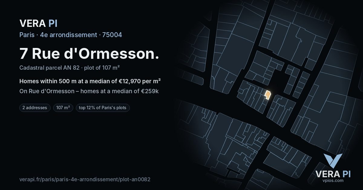 7 Rue d'Ormesson, 4e arrondissement at night – the plot lit, the parcels around coloured by the prices near them