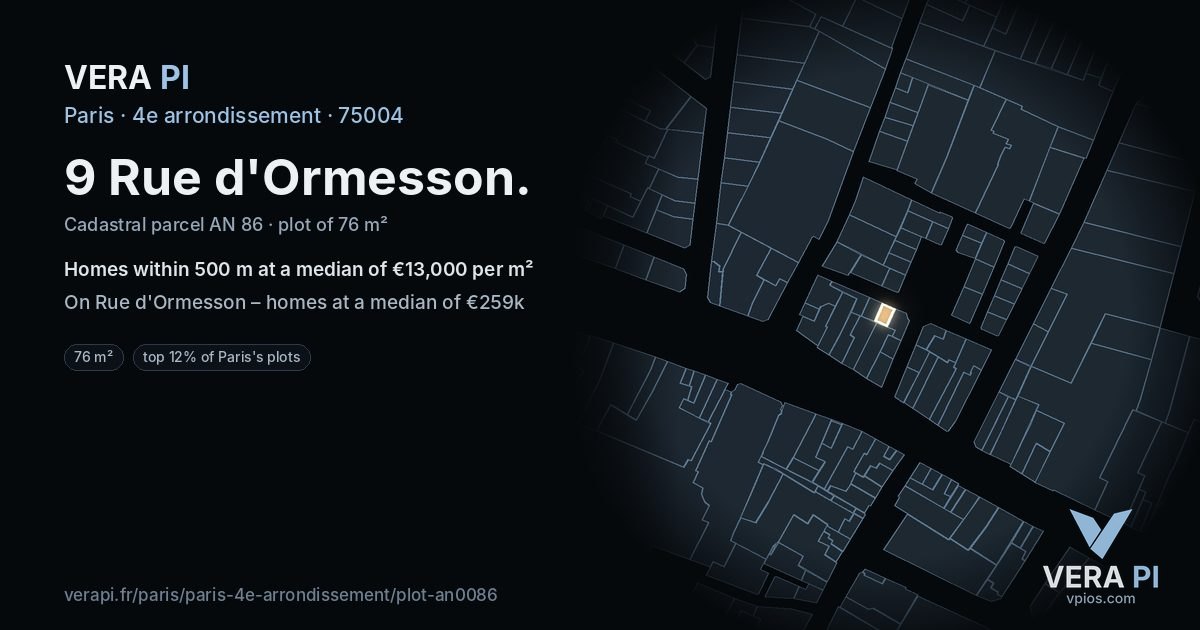 9 Rue d'Ormesson, 4e arrondissement at night – the plot lit, the parcels around coloured by the prices near them