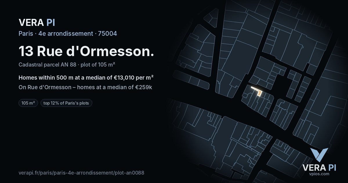 13 Rue d'Ormesson, 4e arrondissement at night – the plot lit, the parcels around coloured by the prices near them