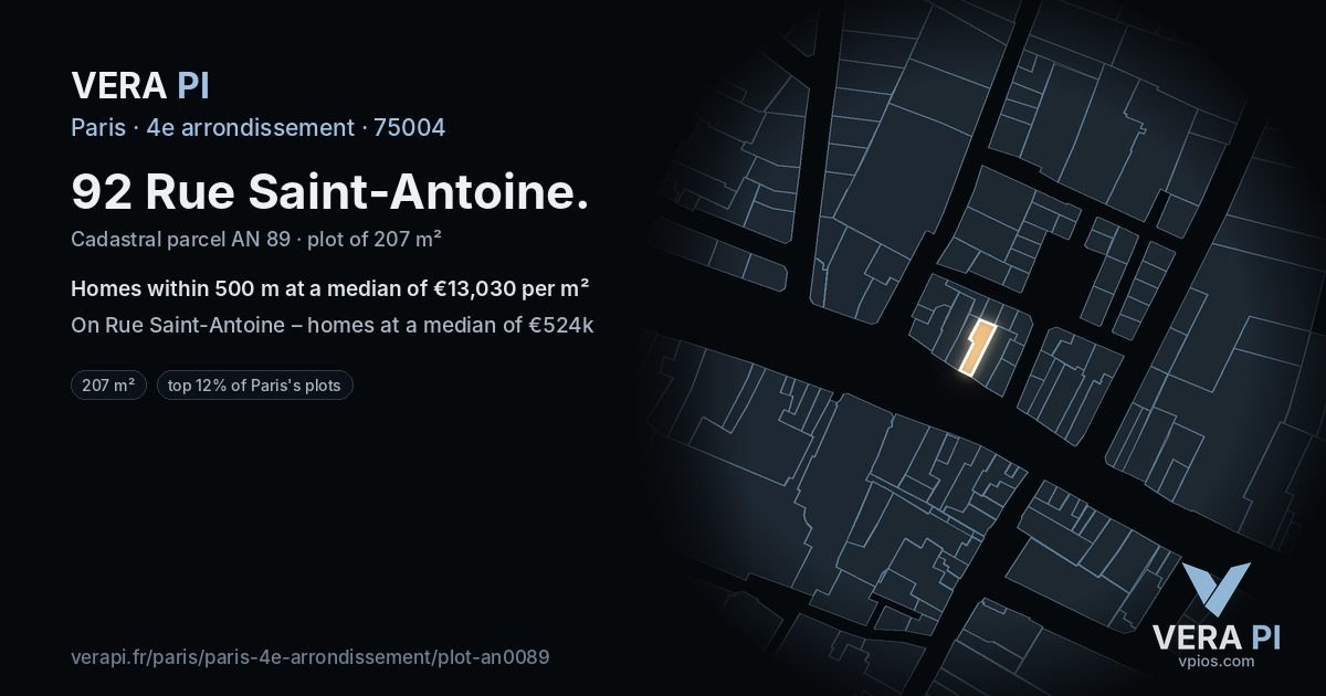 92 Rue Saint-Antoine, 4e arrondissement at night – the plot lit, the parcels around coloured by the prices near them