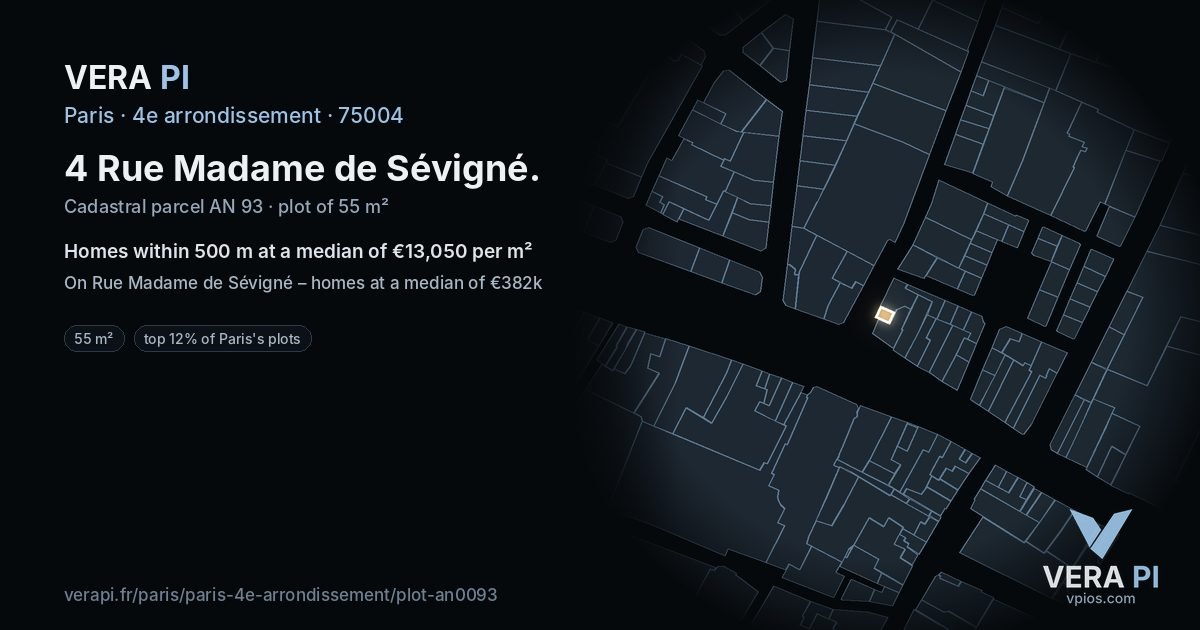 4 Rue Madame de Sévigné, 4e arrondissement at night – the plot lit, the parcels around coloured by the prices near them