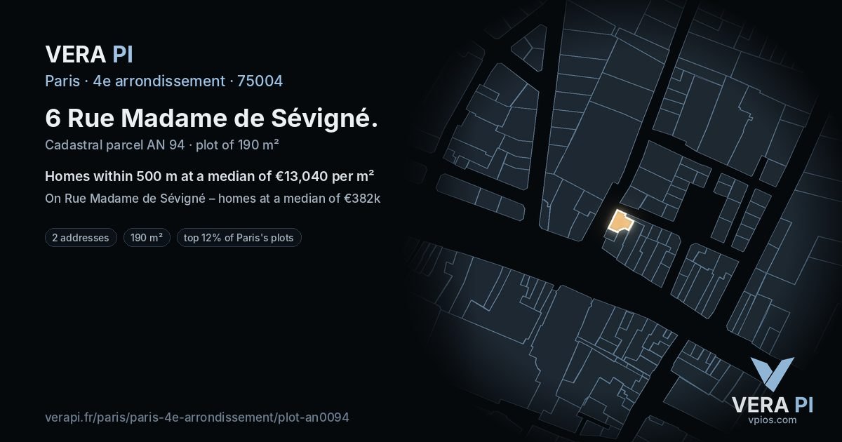 6 Rue Madame de Sévigné, 4e arrondissement at night – the plot lit, the parcels around coloured by the prices near them