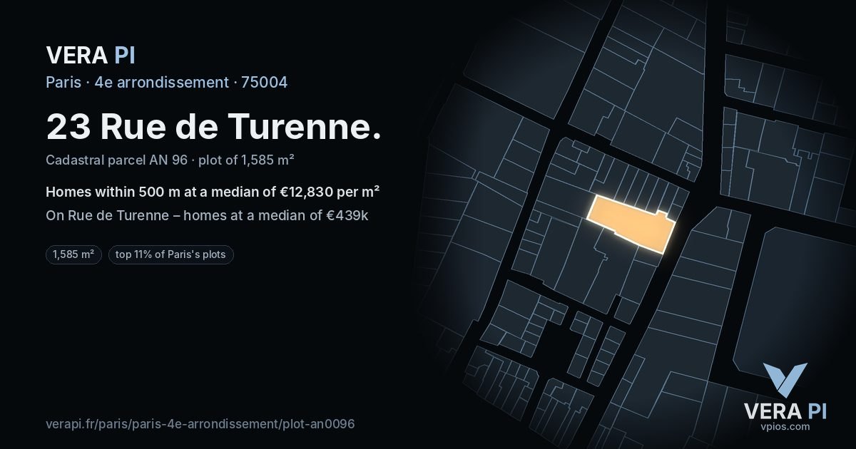 23 Rue de Turenne, 4e arrondissement at night – the plot lit, the parcels around coloured by the prices near them