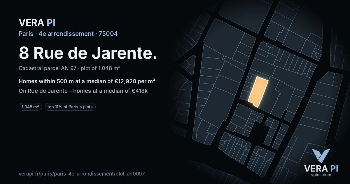 8 Rue de Jarente, 4e arrondissement at night – the plot lit, the parcels around coloured by the prices near them
