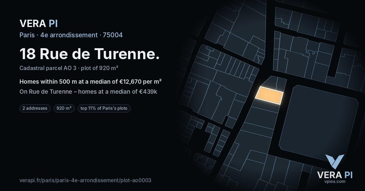 18 Rue de Turenne, 4e arrondissement at night – the plot lit, the parcels around coloured by the prices near them