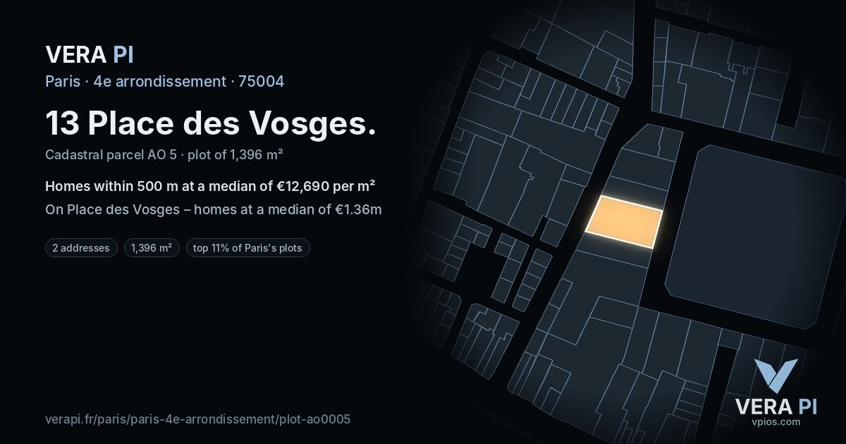 13 Place des Vosges, 4e arrondissement at night – the plot lit, the parcels around coloured by the prices near them