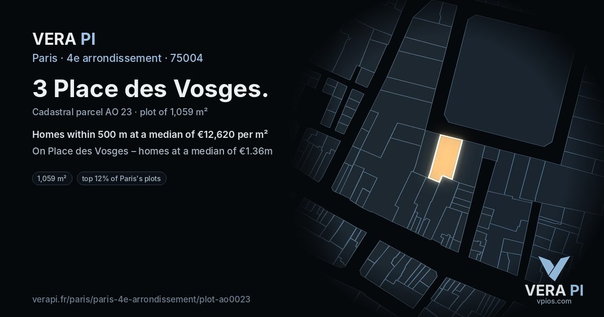 3 Place des Vosges, 4e arrondissement at night – the plot lit, the parcels around coloured by the prices near them