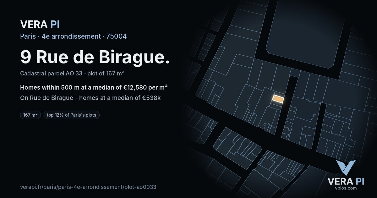 9 Rue de Birague, 4e arrondissement at night – the plot lit, the parcels around coloured by the prices near them