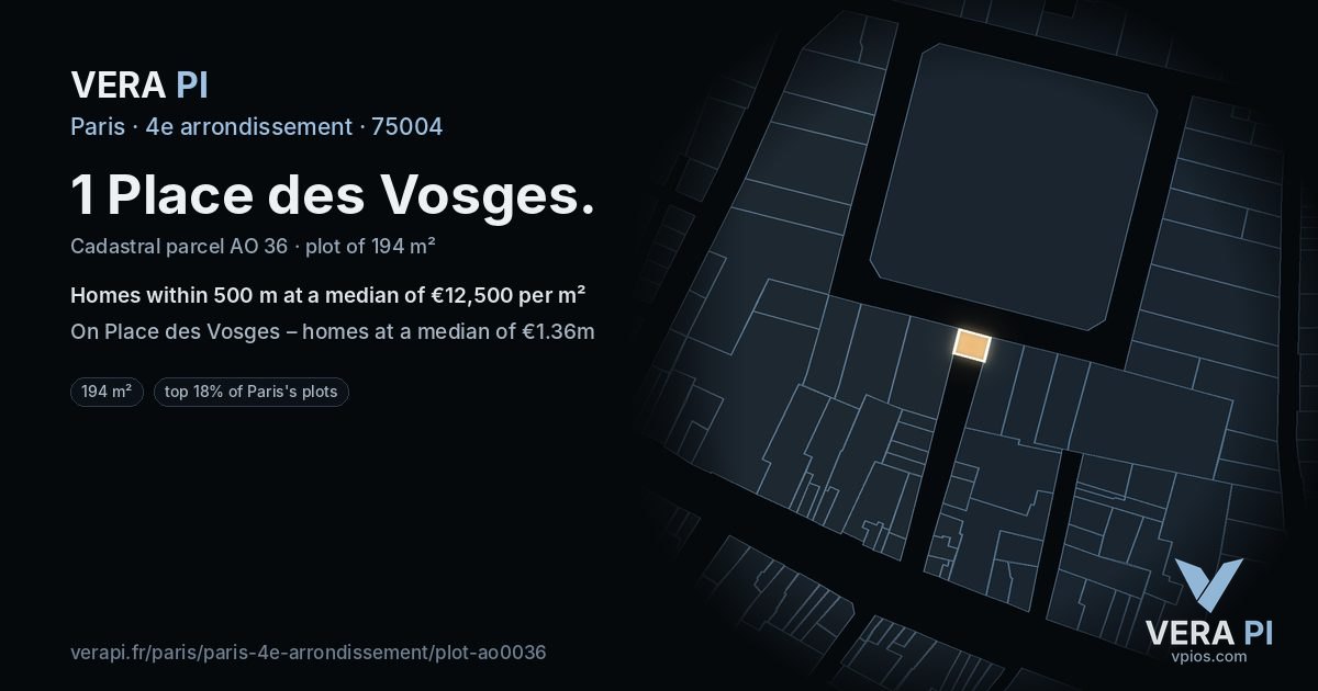 1 Place des Vosges, 4e arrondissement at night – the plot lit, the parcels around coloured by the prices near them