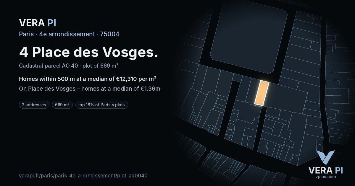 4 Place des Vosges, 4e arrondissement at night – the plot lit, the parcels around coloured by the prices near them
