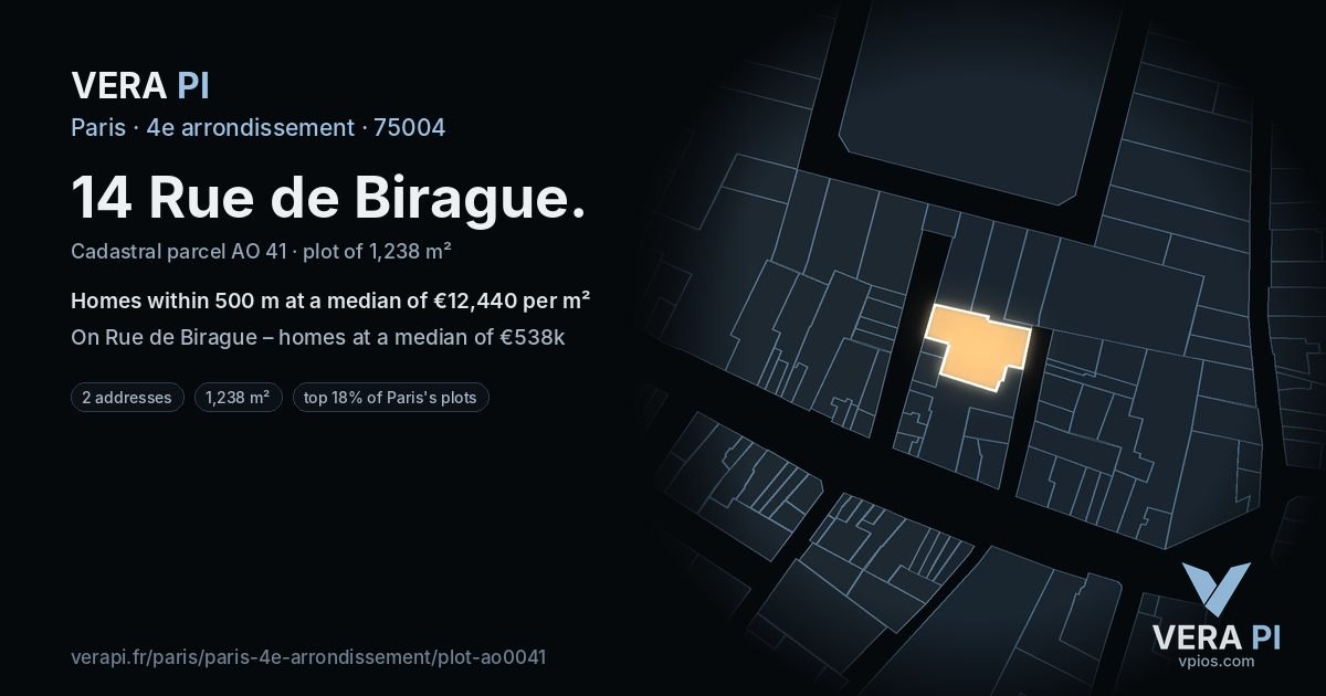14 Rue de Birague, 4e arrondissement at night – the plot lit, the parcels around coloured by the prices near them