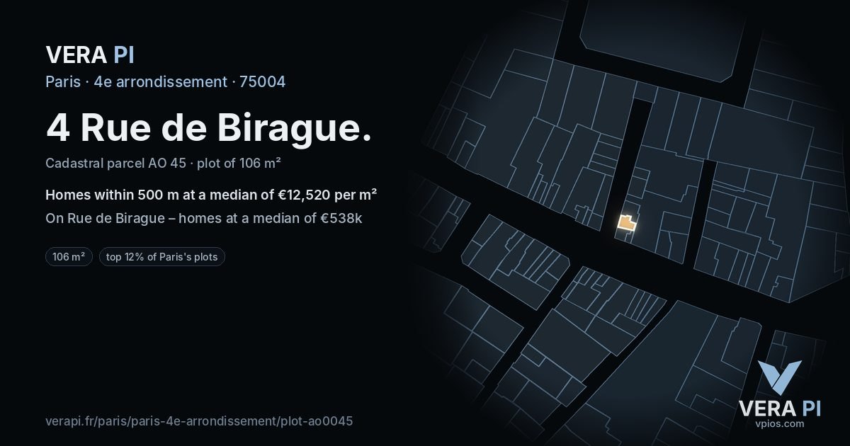 4 Rue de Birague, 4e arrondissement at night – the plot lit, the parcels around coloured by the prices near them