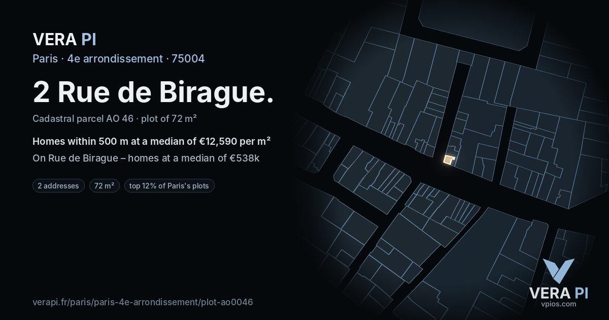 2 Rue de Birague, 4e arrondissement at night – the plot lit, the parcels around coloured by the prices near them