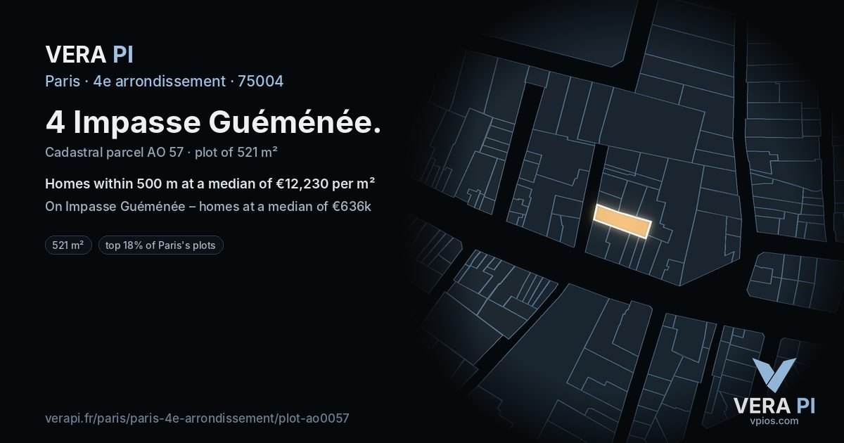 4 Impasse Guéménée, 4e arrondissement at night – the plot lit, the parcels around coloured by the prices near them