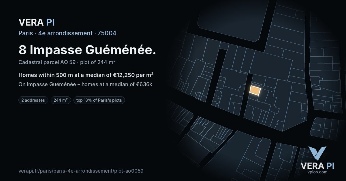 8 Impasse Guéménée, 4e arrondissement at night – the plot lit, the parcels around coloured by the prices near them