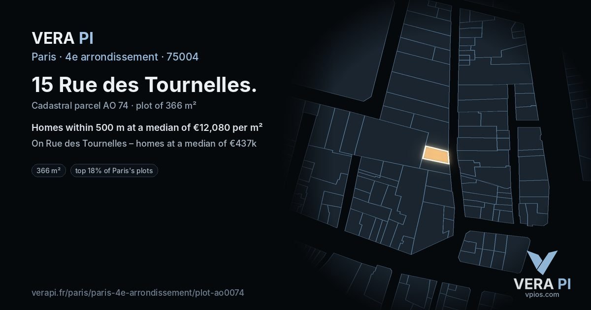 15 Rue des Tournelles, 4e arrondissement at night – the plot lit, the parcels around coloured by the prices near them