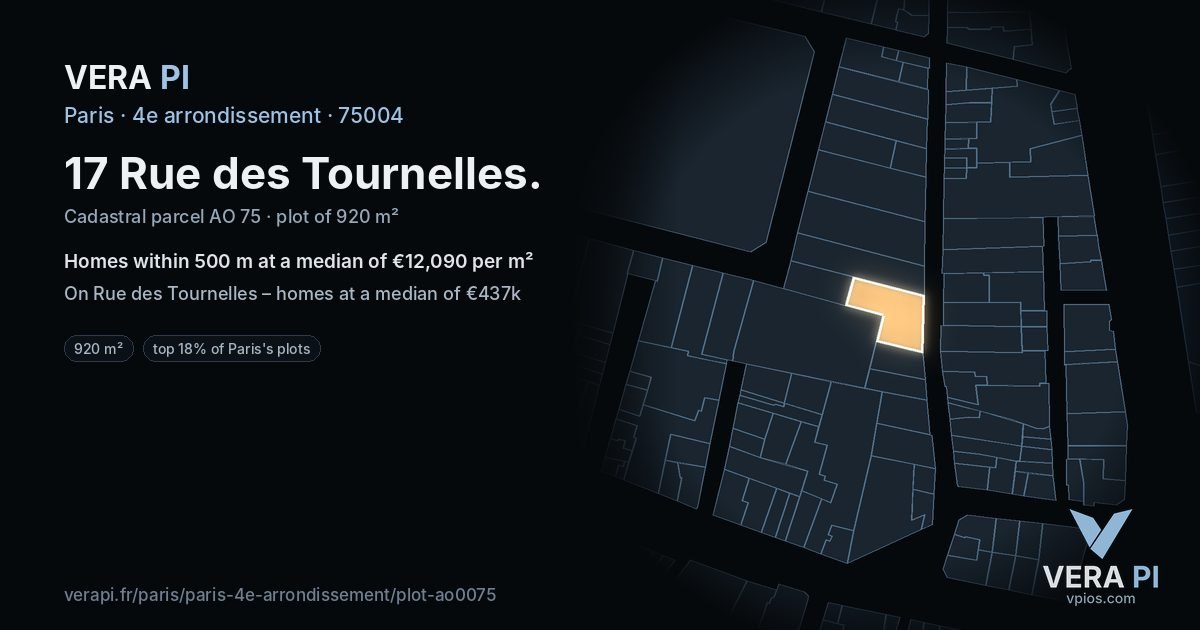 17 Rue des Tournelles, 4e arrondissement at night – the plot lit, the parcels around coloured by the prices near them