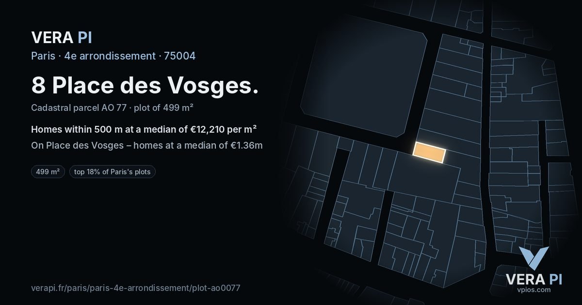 8 Place des Vosges, 4e arrondissement at night – the plot lit, the parcels around coloured by the prices near them