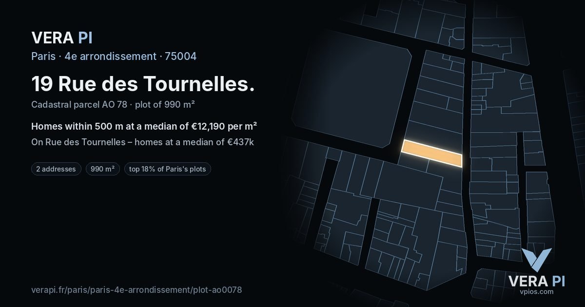 19 Rue des Tournelles, 4e arrondissement at night – the plot lit, the parcels around coloured by the prices near them