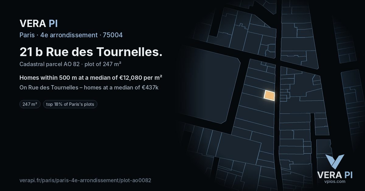 21 b Rue des Tournelles, 4e arrondissement at night – the plot lit, the parcels around coloured by the prices near them