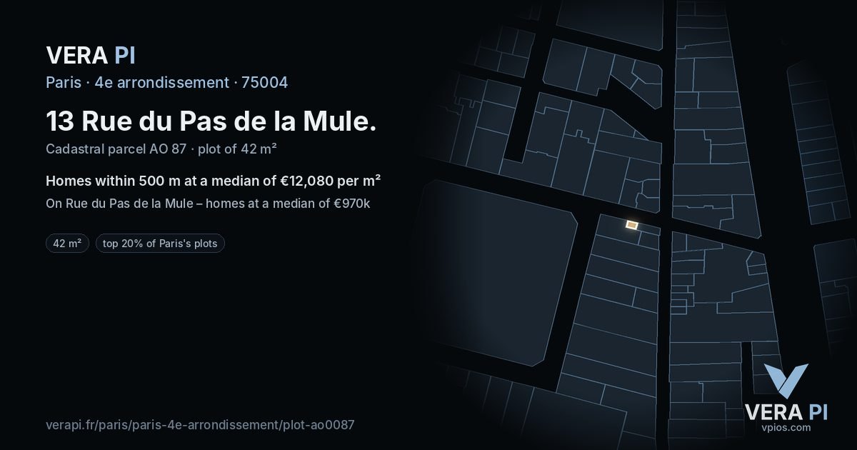13 Rue du Pas de la Mule, 4e arrondissement at night – the plot lit, the parcels around coloured by the prices near them