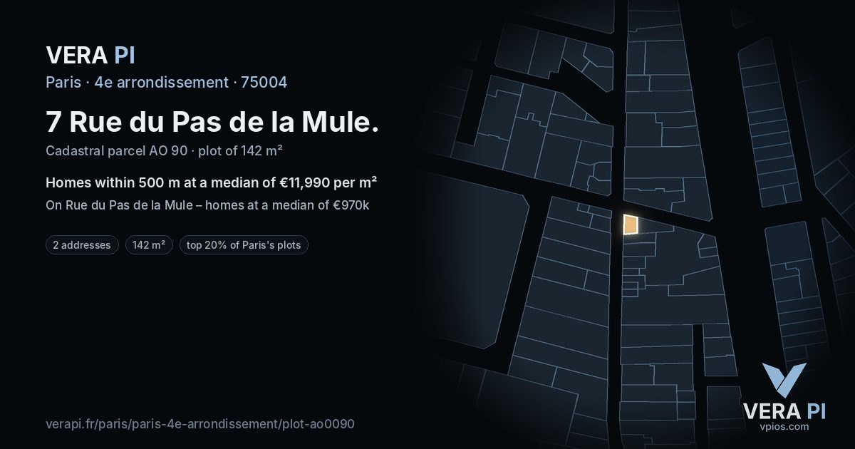 7 Rue du Pas de la Mule, 4e arrondissement at night – the plot lit, the parcels around coloured by the prices near them