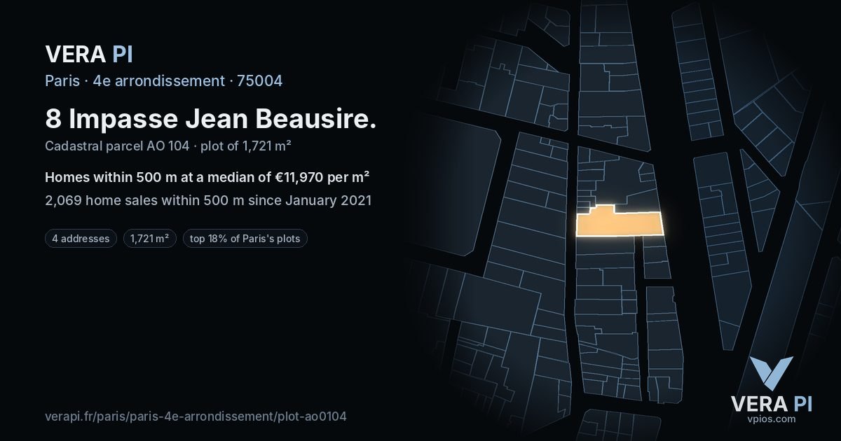 8 Impasse Jean Beausire, 4e arrondissement at night – the plot lit, the parcels around coloured by the prices near them