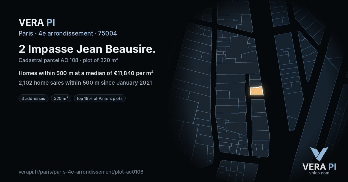 2 Impasse Jean Beausire, 4e arrondissement at night – the plot lit, the parcels around coloured by the prices near them