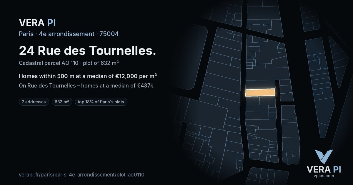 24 Rue des Tournelles, 4e arrondissement at night – the plot lit, the parcels around coloured by the prices near them