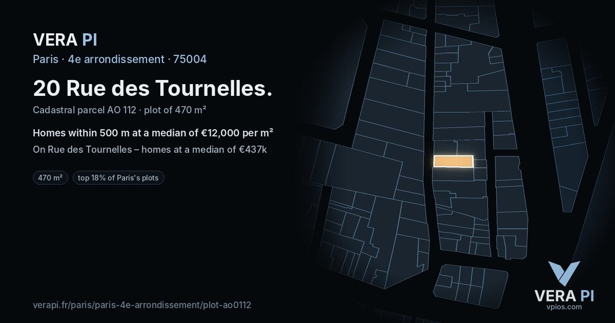 20 Rue des Tournelles, 4e arrondissement at night – the plot lit, the parcels around coloured by the prices near them
