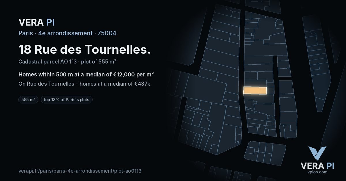 18 Rue des Tournelles, 4e arrondissement at night – the plot lit, the parcels around coloured by the prices near them