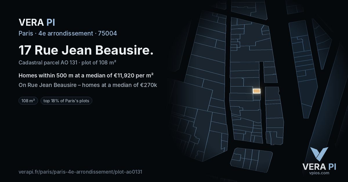 17 Rue Jean Beausire, 4e arrondissement at night – the plot lit, the parcels around coloured by the prices near them