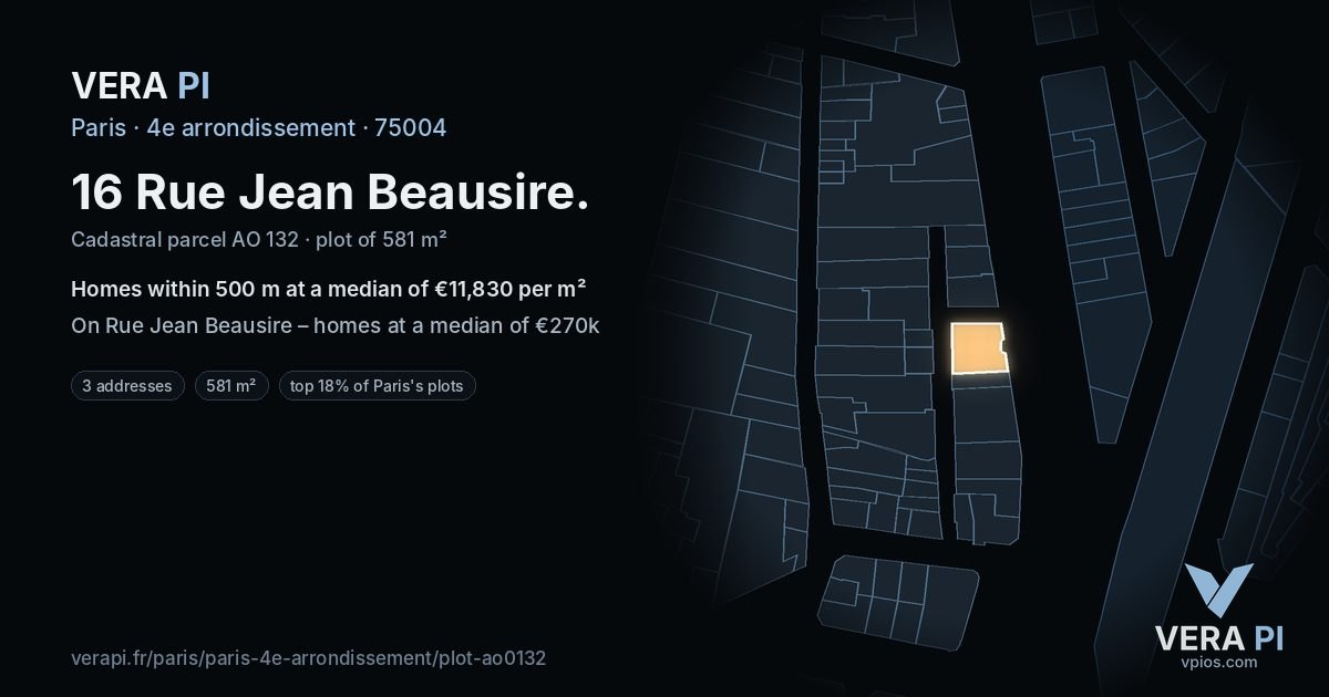 16 Rue Jean Beausire, 4e arrondissement at night – the plot lit, the parcels around coloured by the prices near them