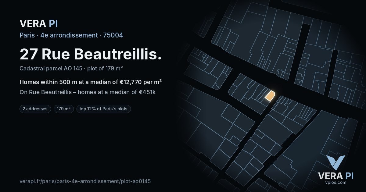 27 Rue Beautreillis, 4e arrondissement at night – the plot lit, the parcels around coloured by the prices near them