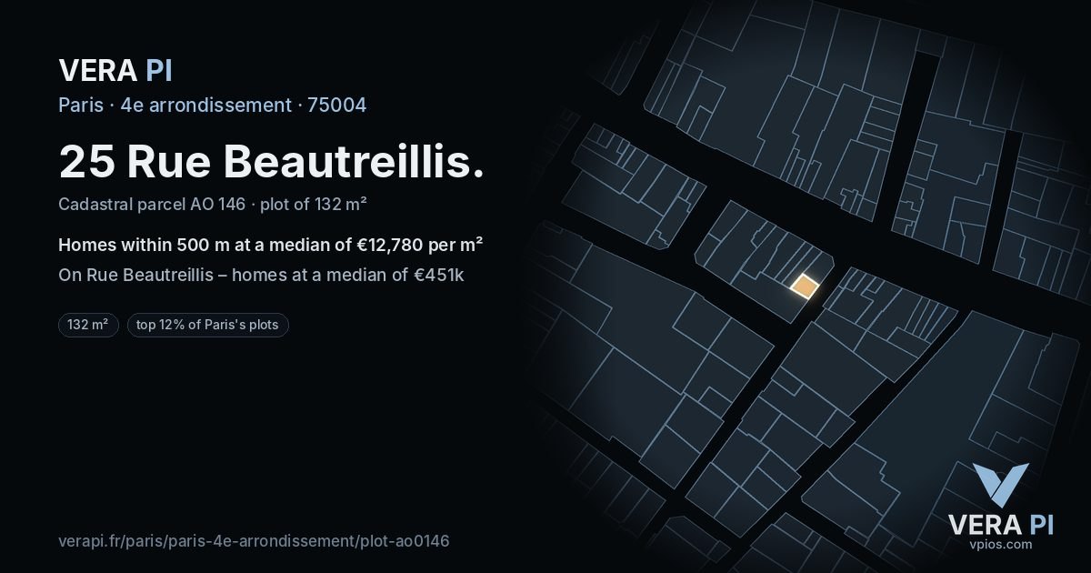 25 Rue Beautreillis, 4e arrondissement at night – the plot lit, the parcels around coloured by the prices near them