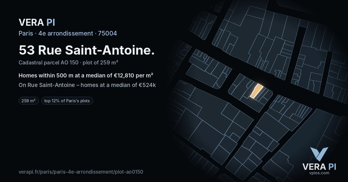 53 Rue Saint-Antoine, 4e arrondissement at night – the plot lit, the parcels around coloured by the prices near them