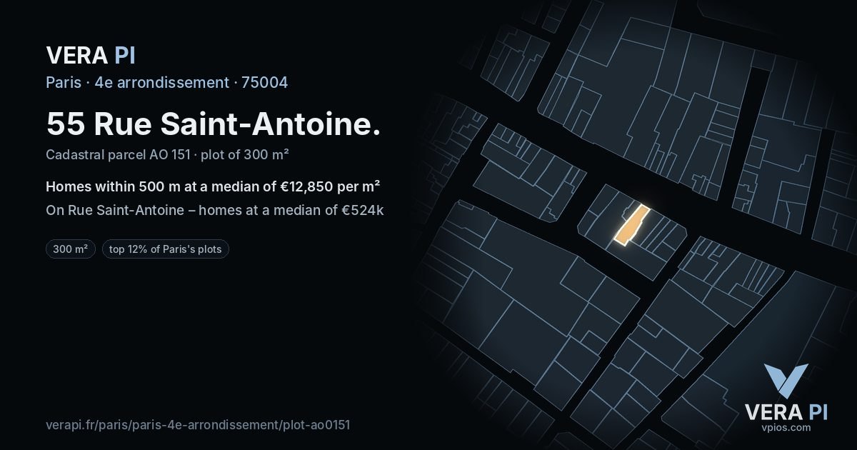 55 Rue Saint-Antoine, 4e arrondissement at night – the plot lit, the parcels around coloured by the prices near them