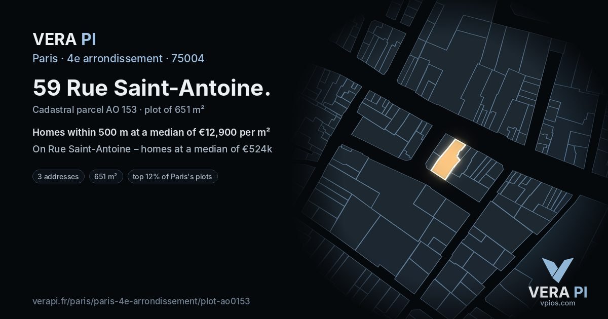 59 Rue Saint-Antoine, 4e arrondissement at night – the plot lit, the parcels around coloured by the prices near them