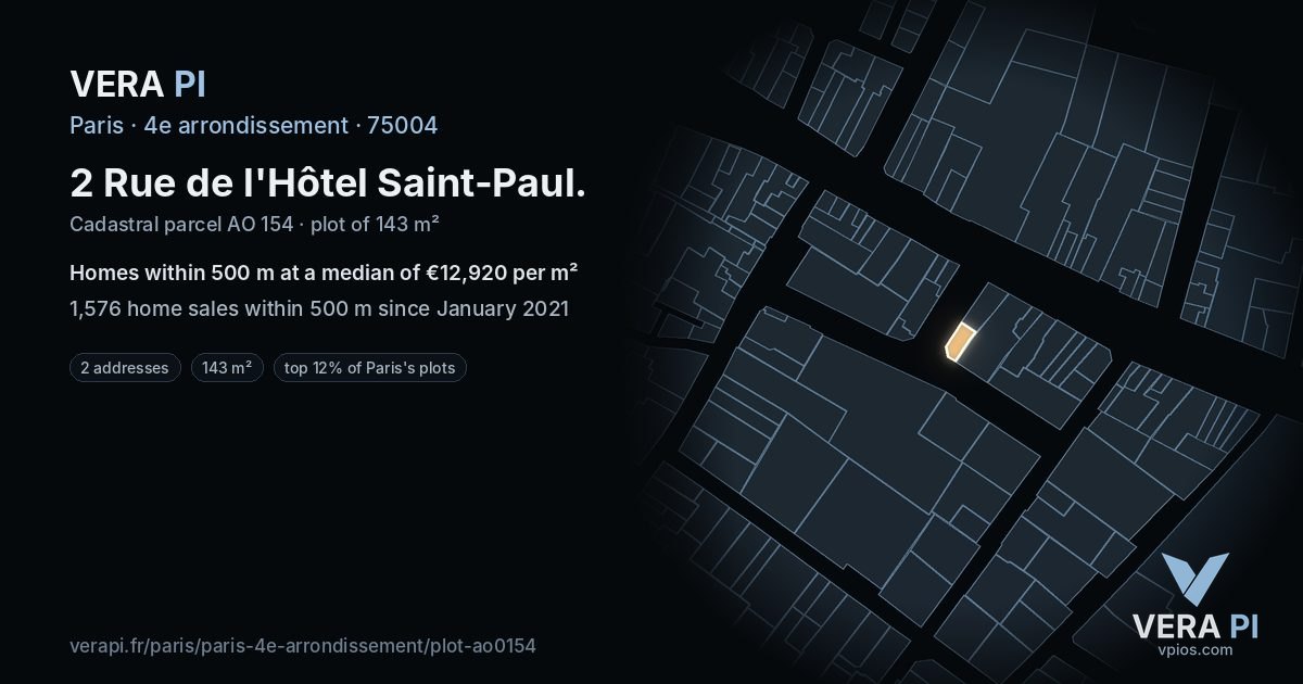 2 Rue de l'Hôtel Saint-Paul, 4e arrondissement at night – the plot lit, the parcels around coloured by the prices near them