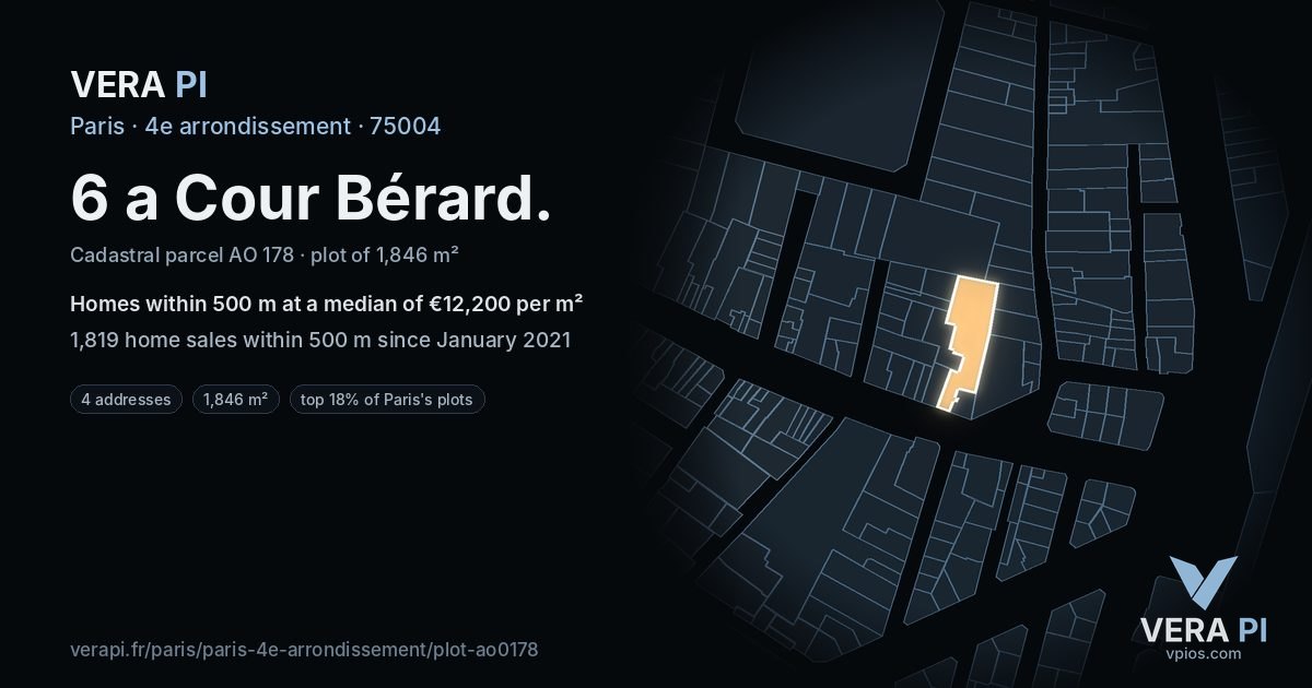 6 a Cour Bérard, 4e arrondissement at night – the plot lit, the parcels around coloured by the prices near them