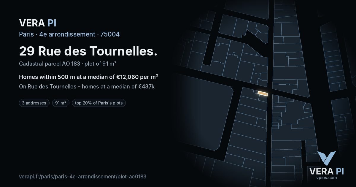 29 Rue des Tournelles, 4e arrondissement at night – the plot lit, the parcels around coloured by the prices near them
