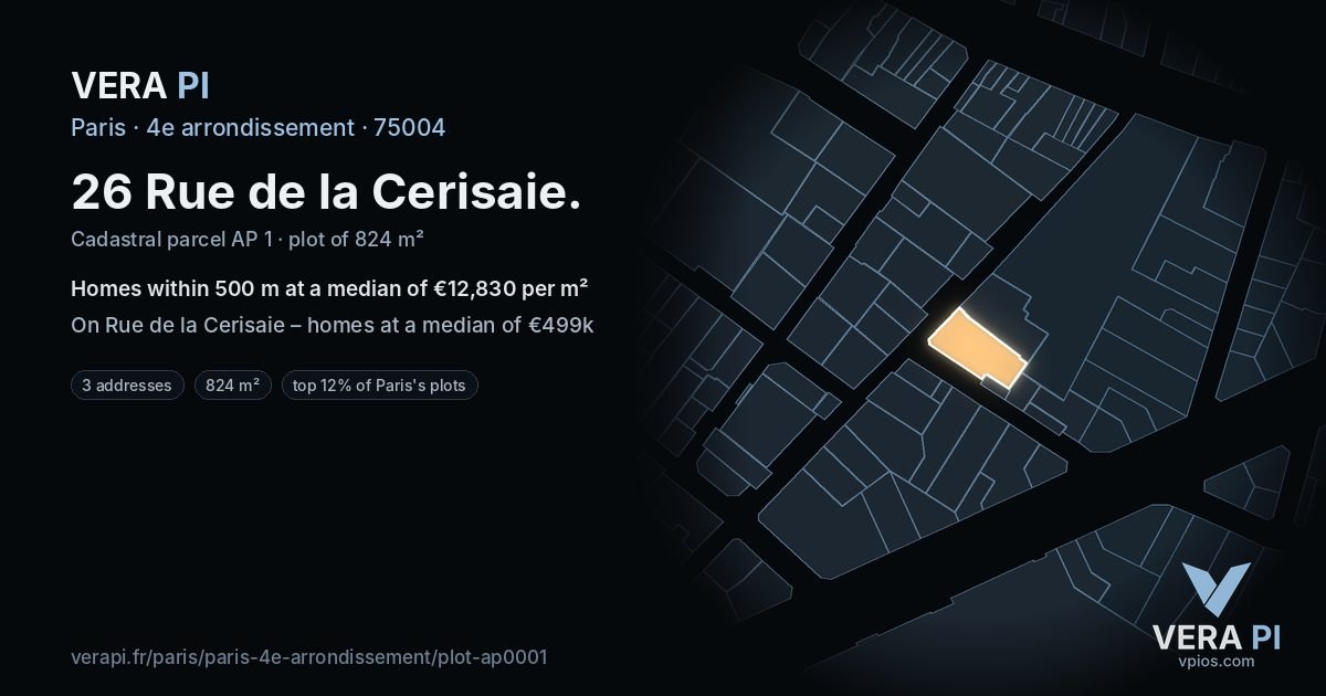 26 Rue de la Cerisaie, 4e arrondissement at night – the plot lit, the parcels around coloured by the prices near them